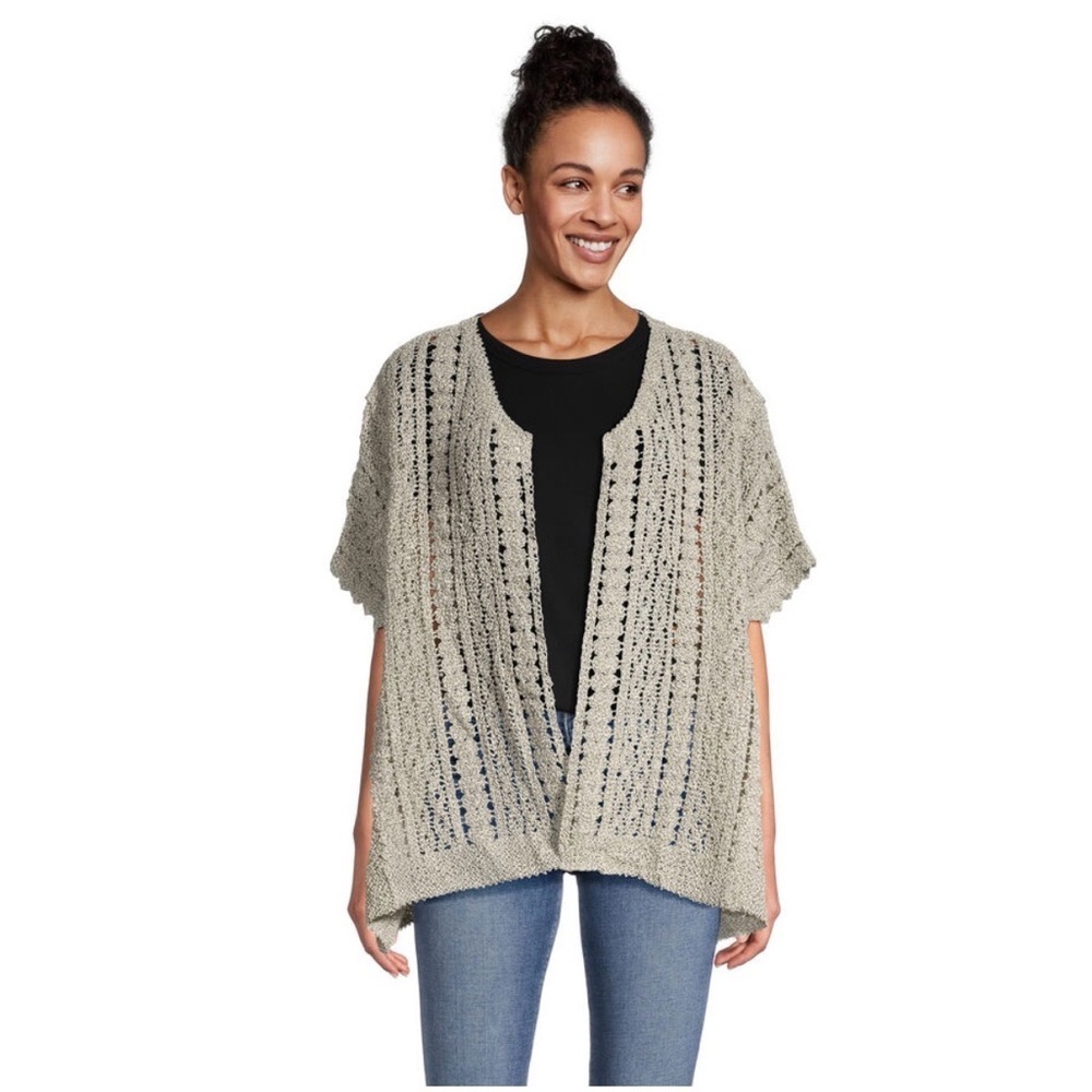World Market OSFM Cardigan Open Front Knit Marled Sweater Gray Cap Sleeves NWT